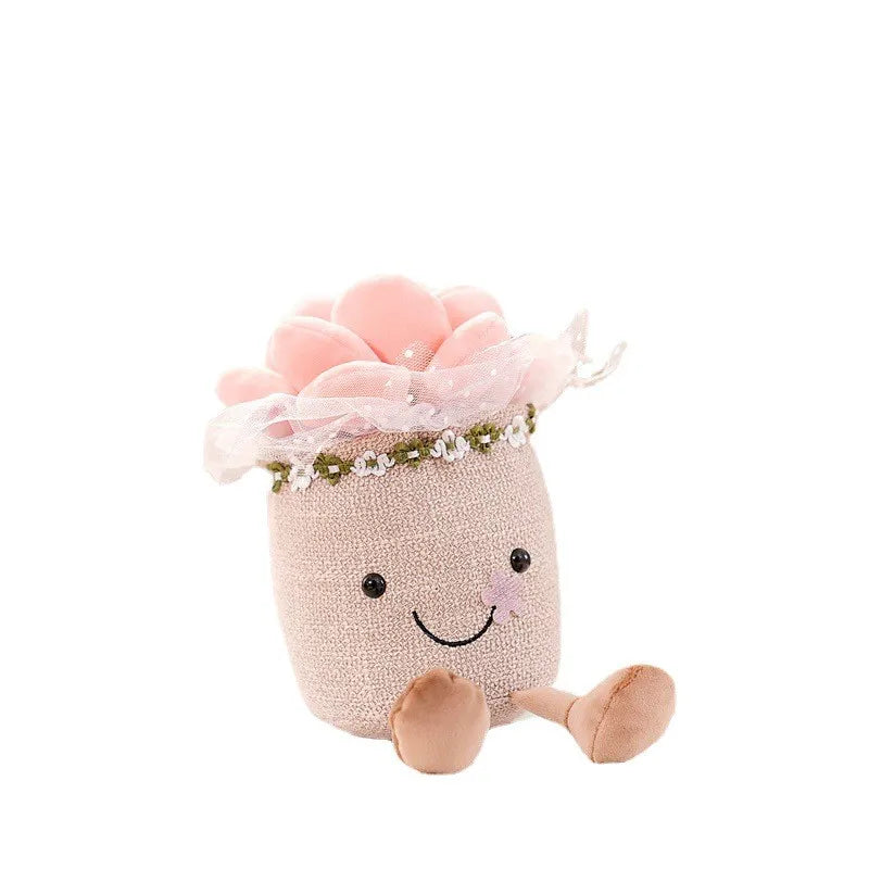 Niedliches Plüschspielzeug Blumentopf rosa, lächelnd, mit Blumenkrone, Kinderzimmer Dekoration.