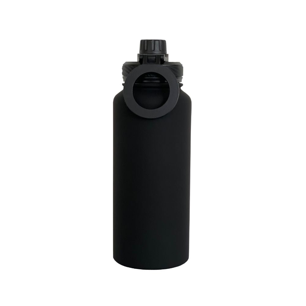 Schwarze Edelstahl-Wasserflasche mit Schraubverschluss, isoliert, 750ml, wiederverwendbar.