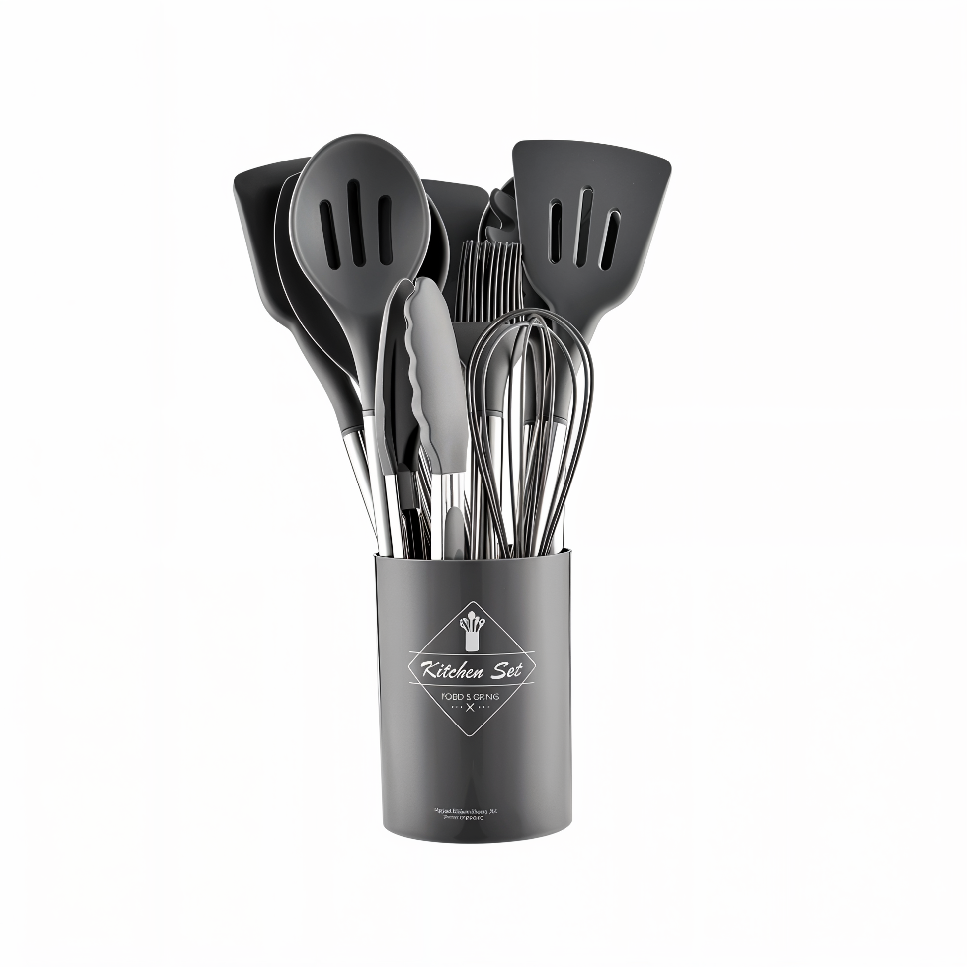 Schwarzes Küchenutensilien-Set aus Silikon im Halter, Löffel, Schneebesen, Zange, Spatel.