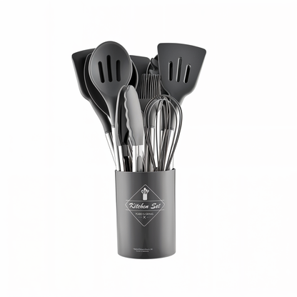 Schwarzes Küchenutensilien-Set aus Silikon im Halter, Löffel, Schneebesen, Zange, Spatel.