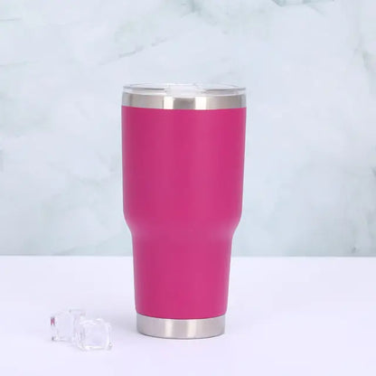 Rosa Edelstahl-Thermobecher mit Deckel, isoliert, ideal für heiße und kalte Getränke.