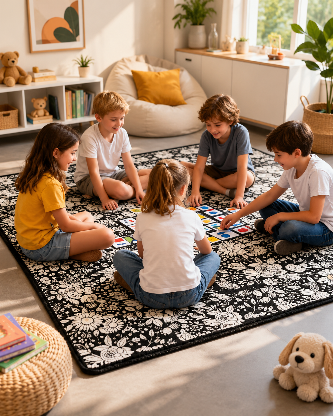 Fem barn sitter på plädet med blommönster och spelar ett kortspel på golvet 4