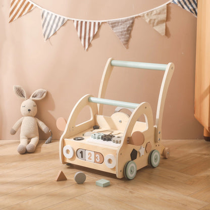 Gåvagn av trä med Montessori-leksaksdelar och speglar