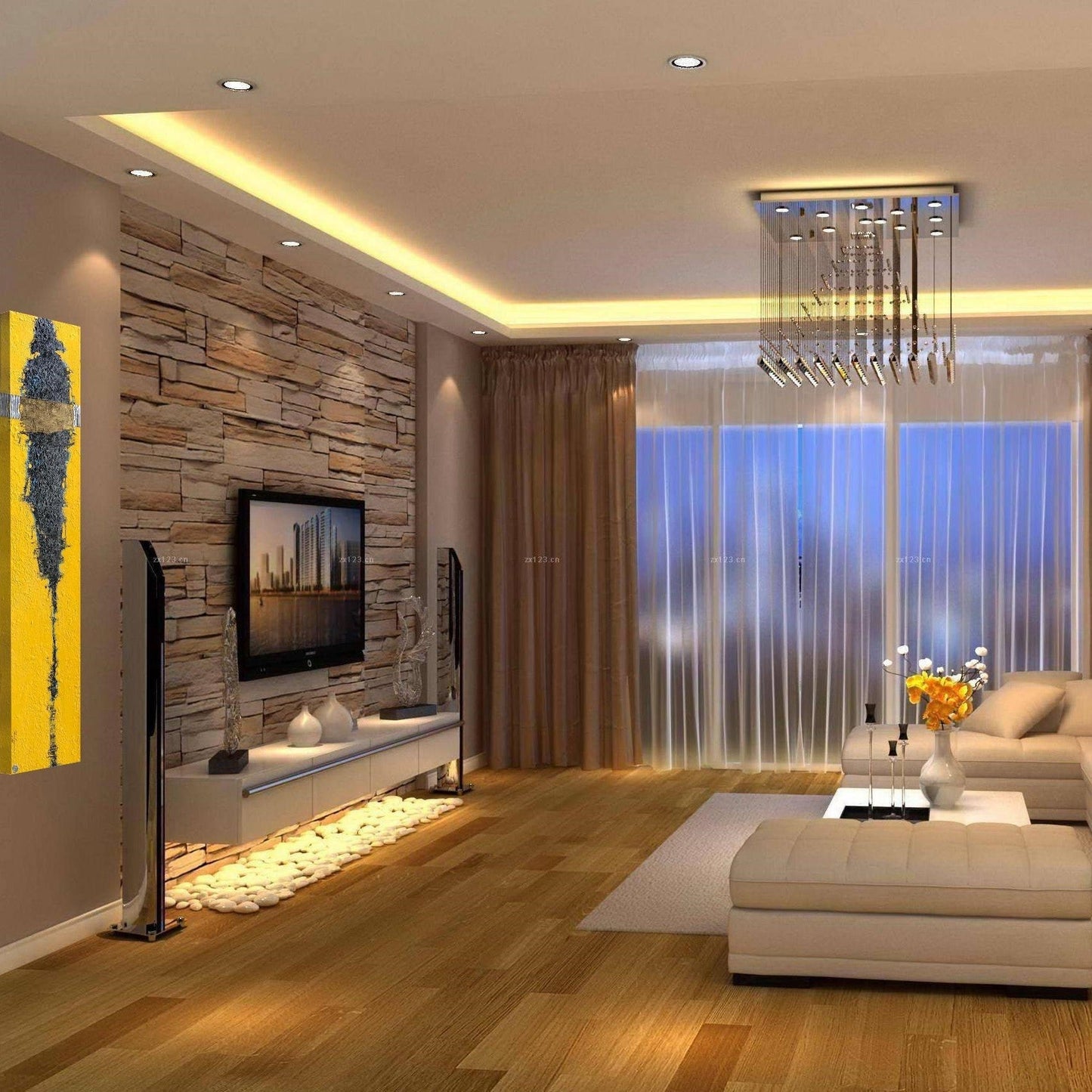 Modernes Wohnzimmer mit Holzboden, beiger Couch, Wand-TV, Steindekor und großem Fenster.