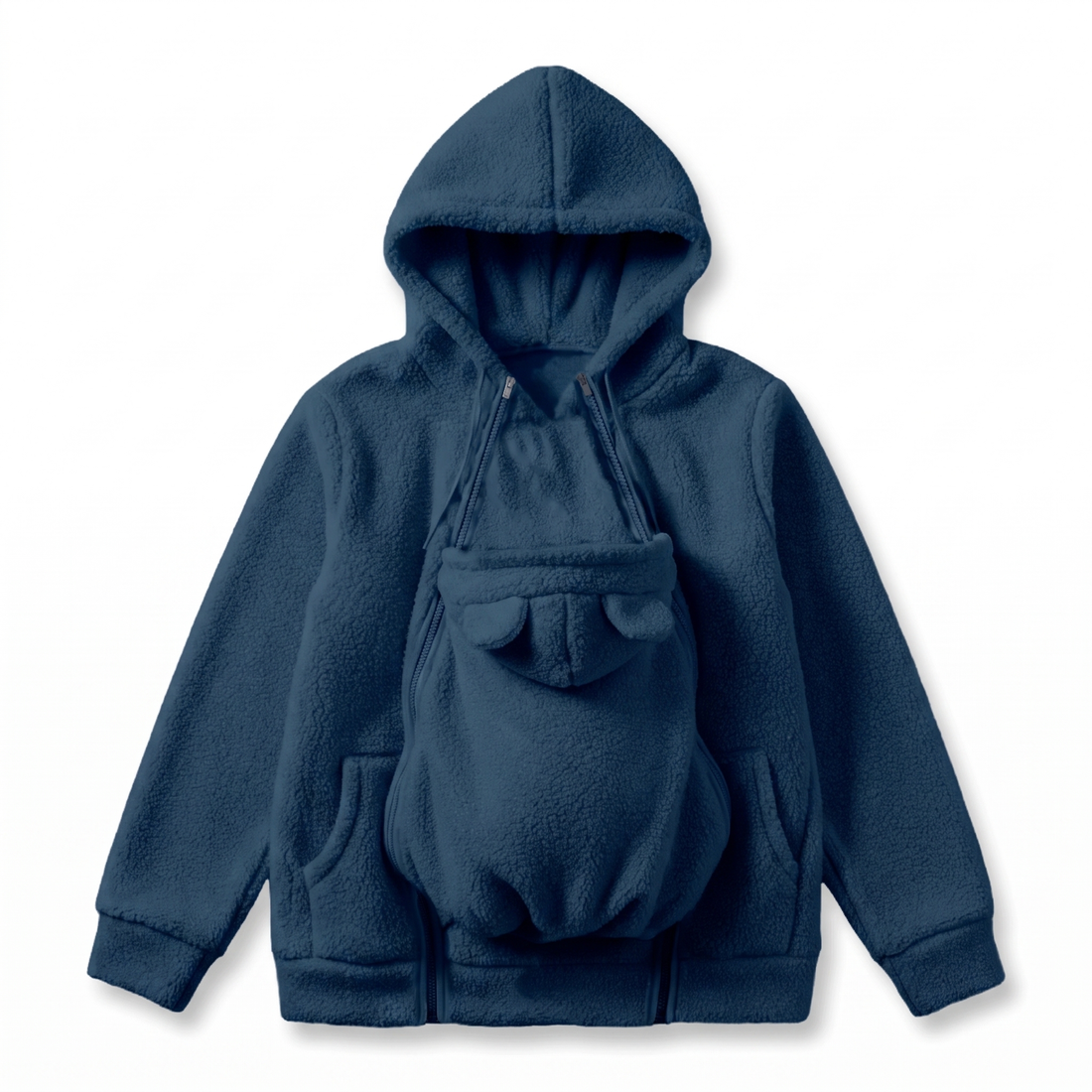 Marinblå hoodie i sherpafleece uppställd platt med den avtagbara babypanelen med björnöron och dragkedjor. 10