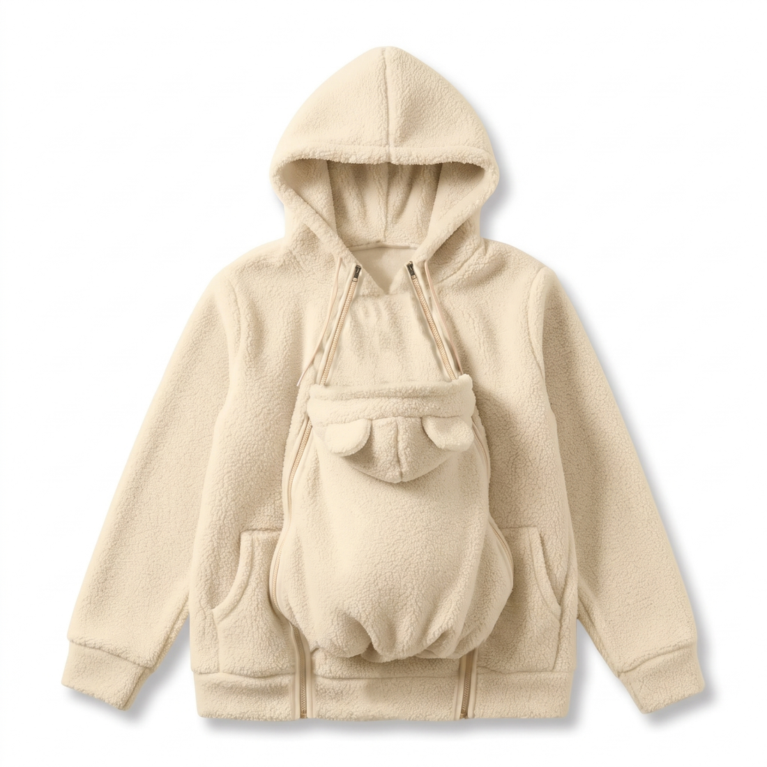 Gräddvit hoodie i sherpafleece uppställd platt med babypanelen med björnöron på framsidan och dragkedjor längs sidorna. 11