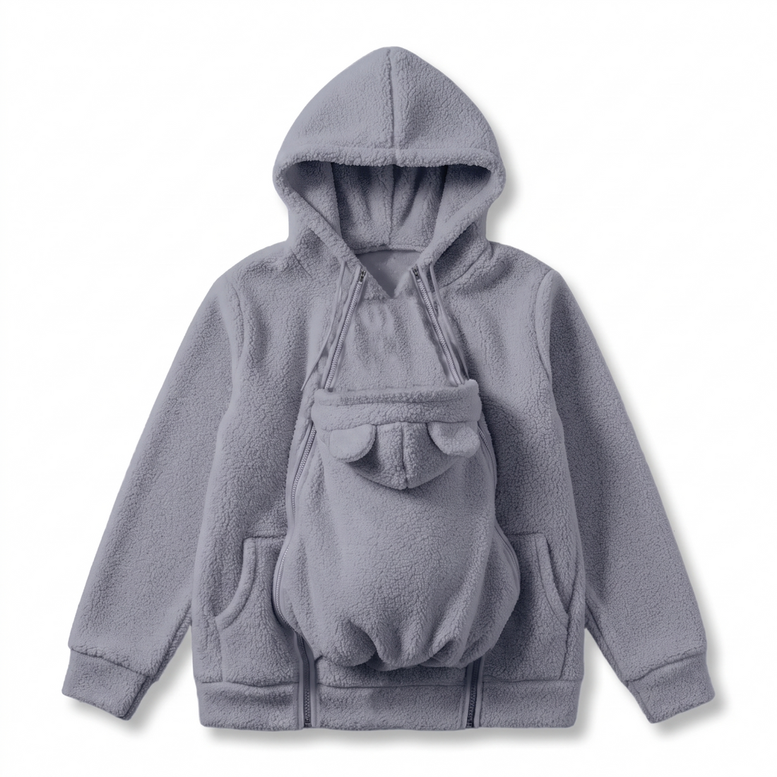 Grå hoodie i sherpafleece uppställd platt med den avtagbara babypanelen med björnöron och dragkedjor. 12