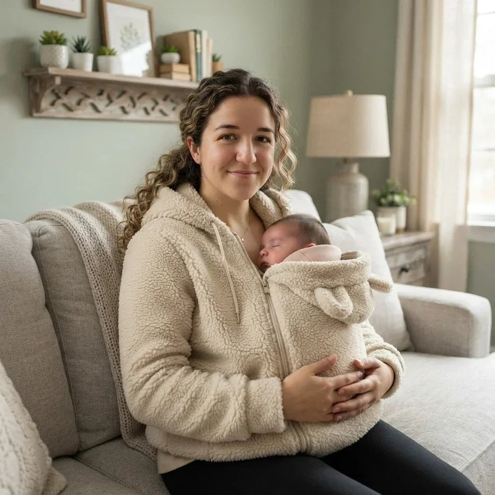 Kvinna i beige fleecehoodie sitter i soffan med en nyfödd sovande i den främre panelen med björnöron. 7