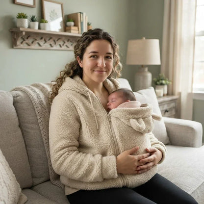 Kvinna i beige fleecehoodie sitter i soffan med en nyfödd sovande i den främre panelen med björnöron. 7