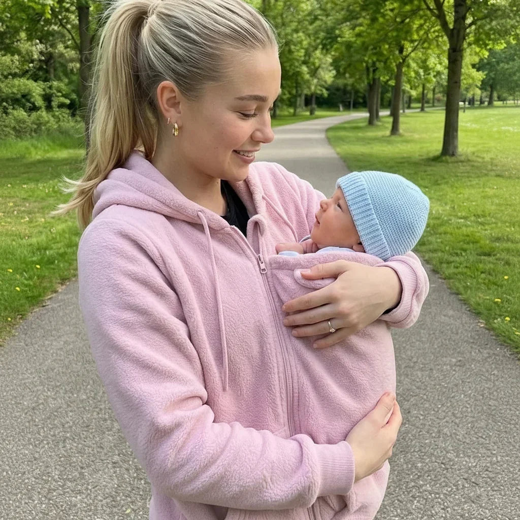 Kvinna i rosa fleecehoodie håller en bebis med blå mössa mot bröstet på en gångväg i en grön park. 4