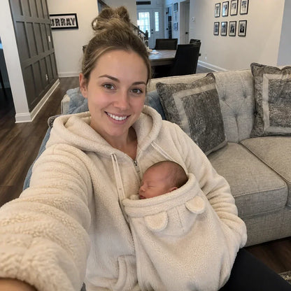 Leende kvinna i gräddvit fleecehoodie tar en selfie i vardagsrummet med en sovande bebis i den främre panelen. 3