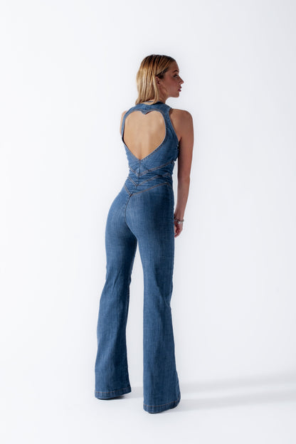 Hjärtformad rygglös jeansjumpsuit för damer – Höstlöv-utgåvan