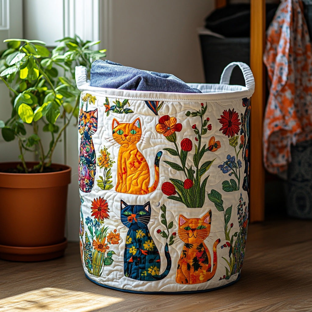 Rund vadderad tvättkorg med handtag och broderade katter bland blommor, fylld med tvätt och placerad vid en kruka i solljus. 1