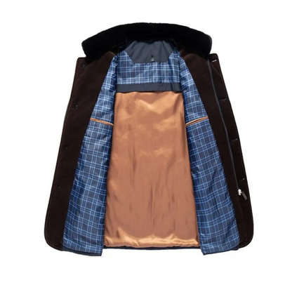 Dunkelbrauner Herrenmantel mit blau kariertem Innenfutter und beigem Satinfutter.