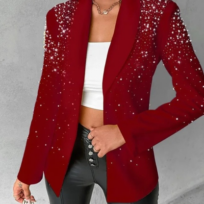 Roter Damenblazer mit Perlen, eleganter Stil, modische Jacke, festliche Kleidung.