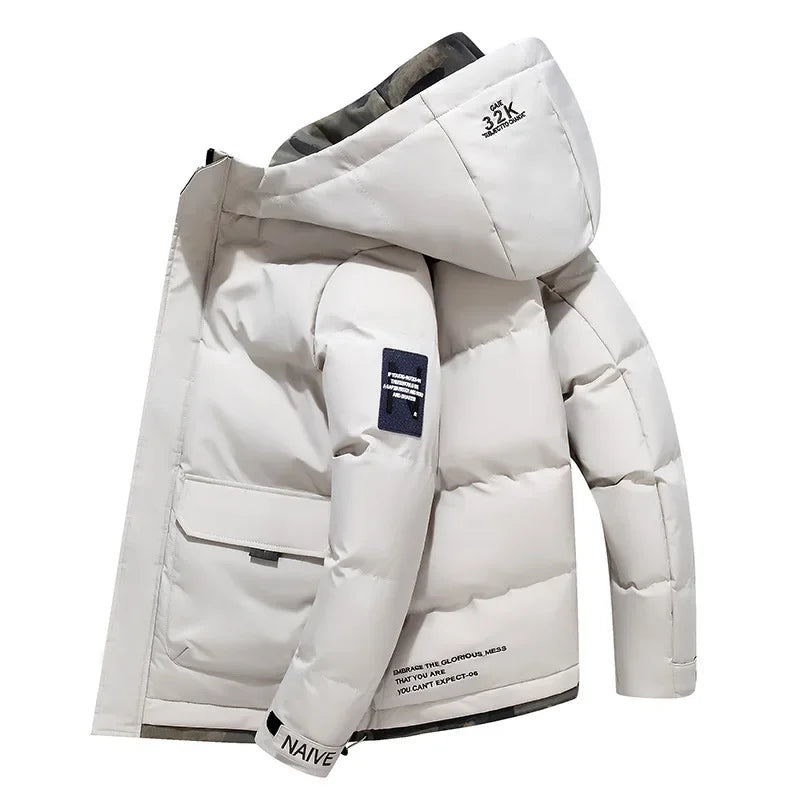 Weiße Daunenjacke mit Kapuze, Wintermantel, warm, modisch, Herrenbekleidung, Outdoor.