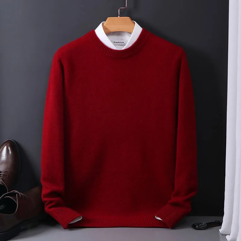 Roter Herrenpullover aus Wolle, klassischer Stil, warm, elegant, ideal für Herbst und Winter.