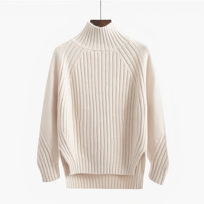 Weißer Rollkragenpullover Damen, gerippt, Strick, langärmelig, modisch, Wintermode.