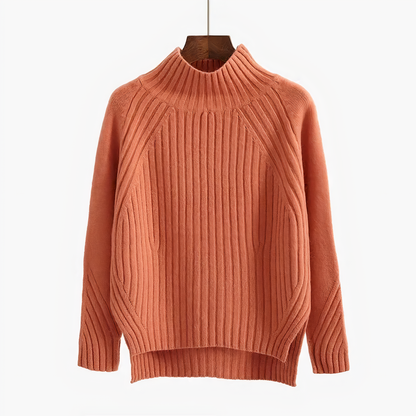 Orangefarbener Strickpullover Damen, Rollkragen, gerippt, Herbstmode, gemütlich, elegant.