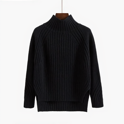 Schwarzer Strickpullover Damen, Rollkragen, warm, elegant, Wintermode, Baumwolle.