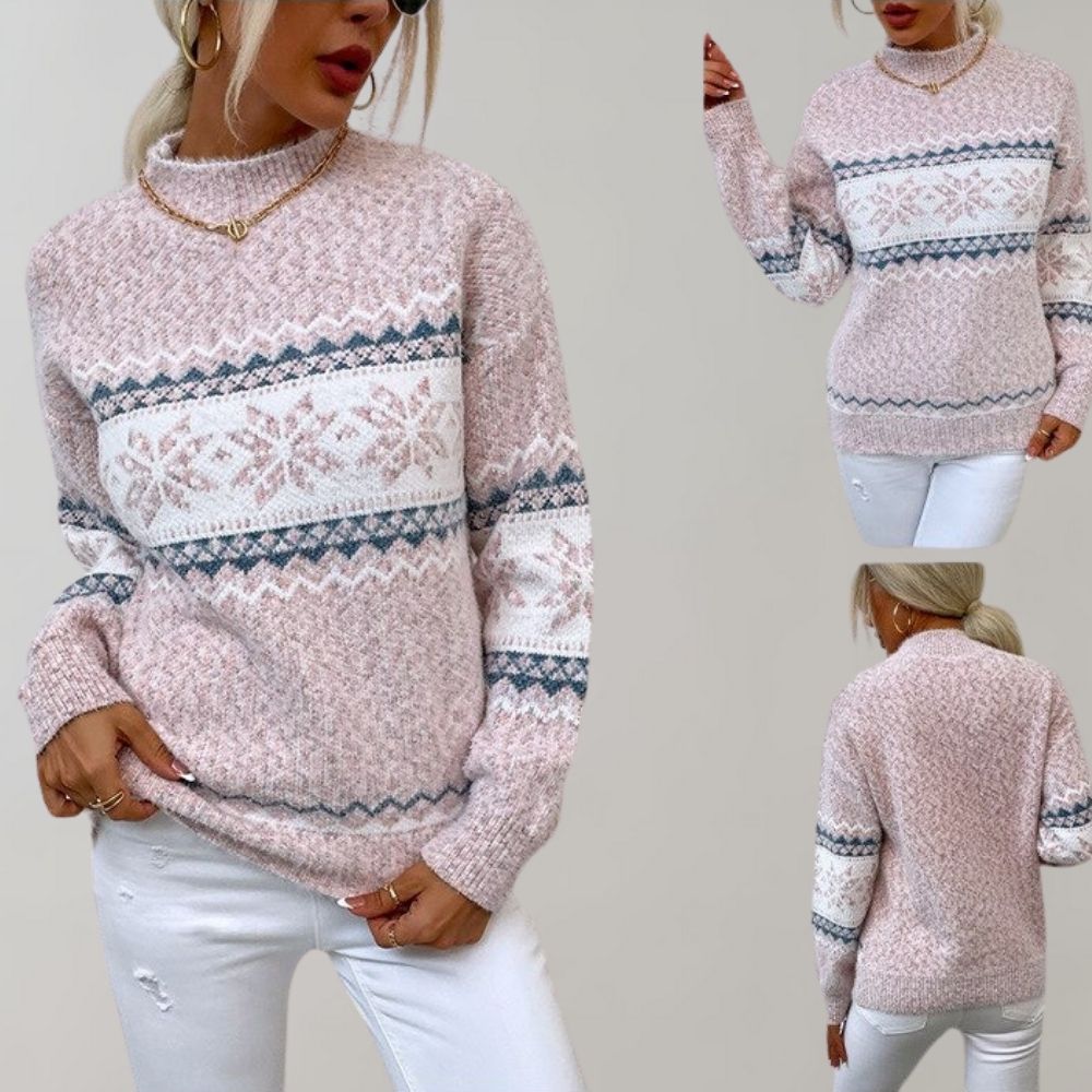 Damen Strickpullover rosa, Norwegermuster, Langarm, Wintermode, gemütlich, modisch.