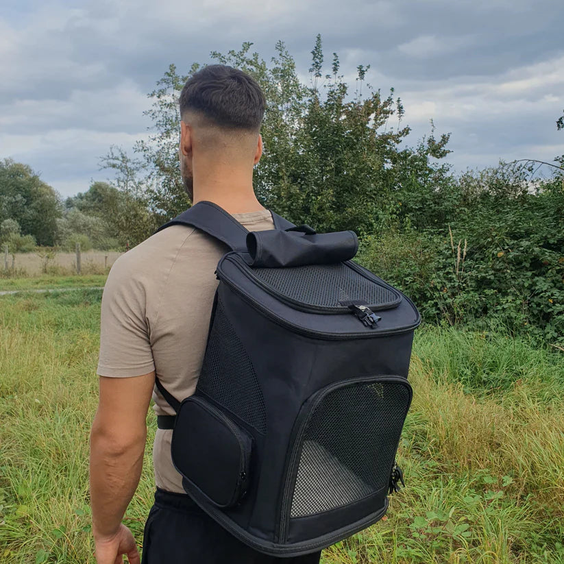 Mann mit schwarzem Haustier-Rucksack im Freien, Netzfenster, Naturhintergrund.