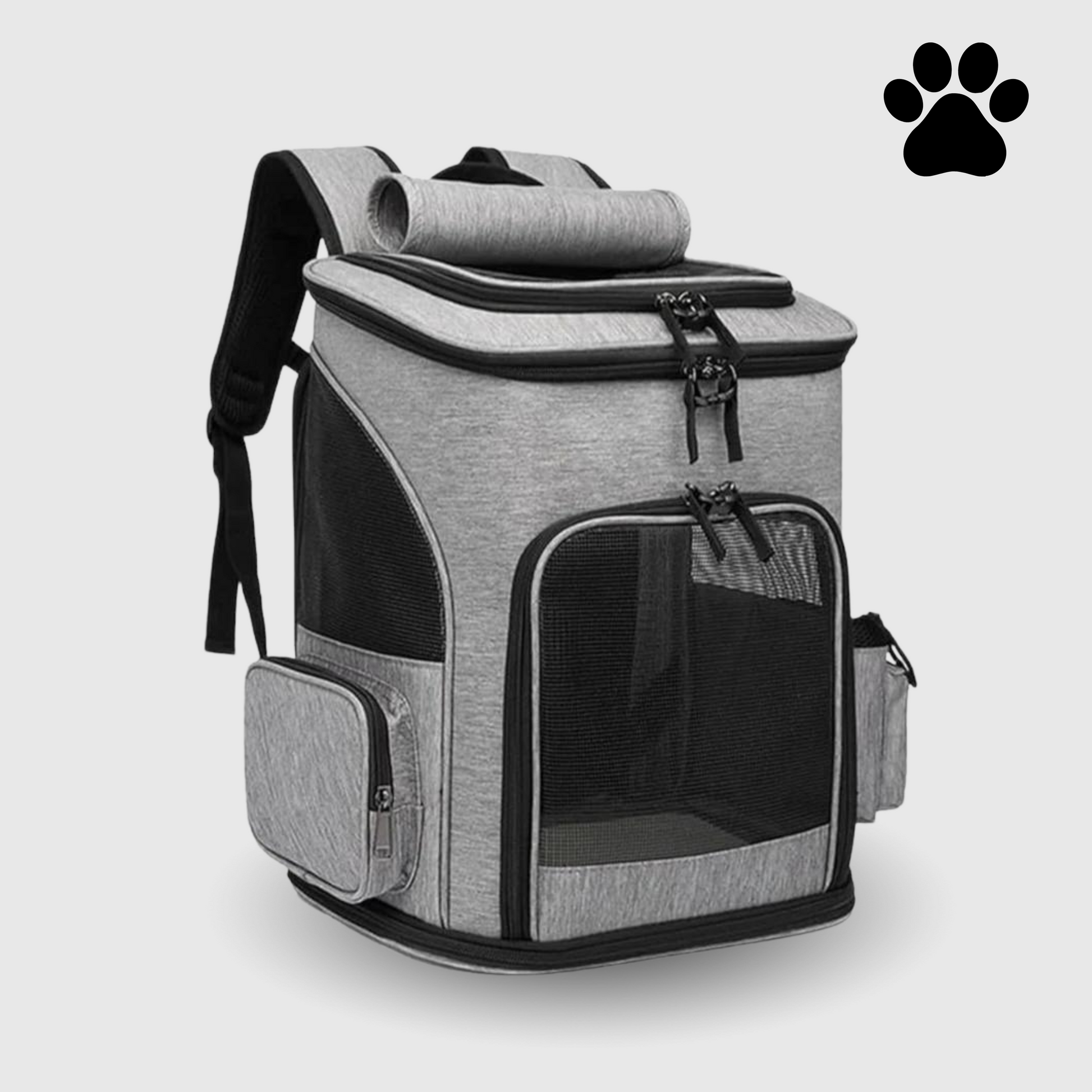 Grauer Haustier-Rucksack mit Netzfenster, Reißverschlüssen und Seitentaschen für Hunde und Katzen.