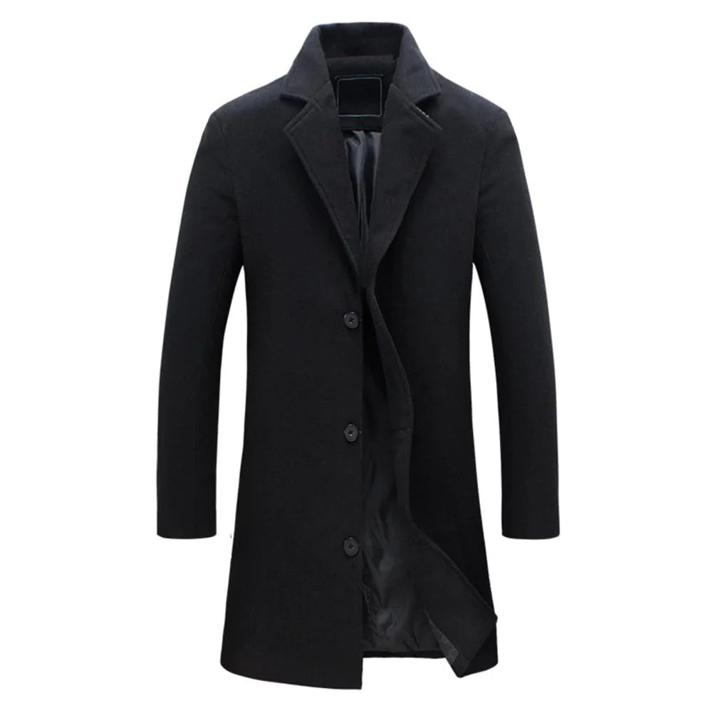 Schwarzer Herren-Wollmantel, lang, elegant, Winterjacke, klassischer Stil, Knopfleiste.