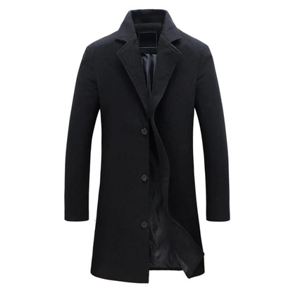 Schwarzer Herren-Wollmantel, lang, elegant, Winterjacke, klassischer Stil, Knopfleiste.