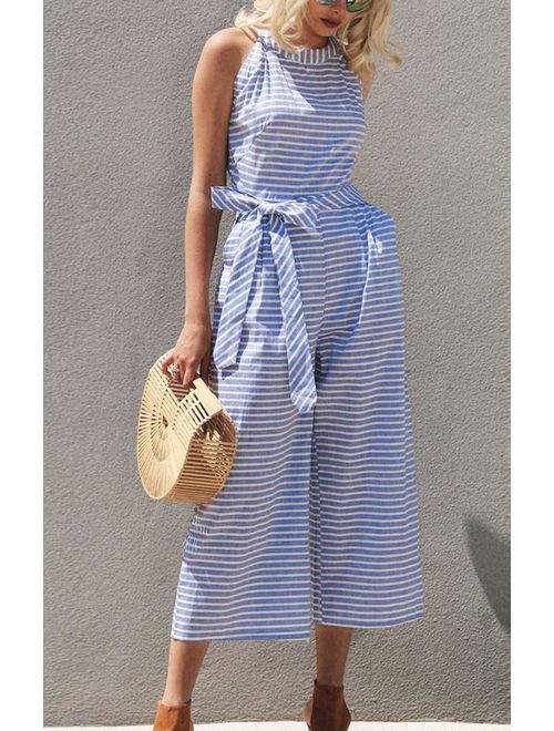 Randig sommar-jumpsuit för damer med vida ben och V-ringning – Alina