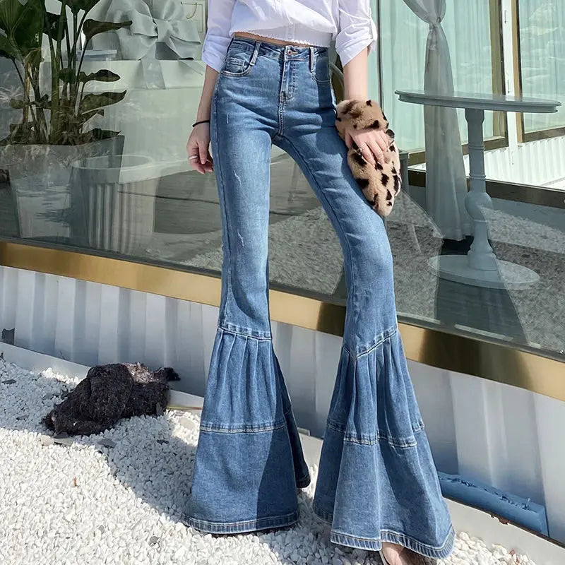 Damen-Jeans 2023, blau, Bootcut, Baumwolle, modisch, Frühling, Herbst, Büro, koreanisch.