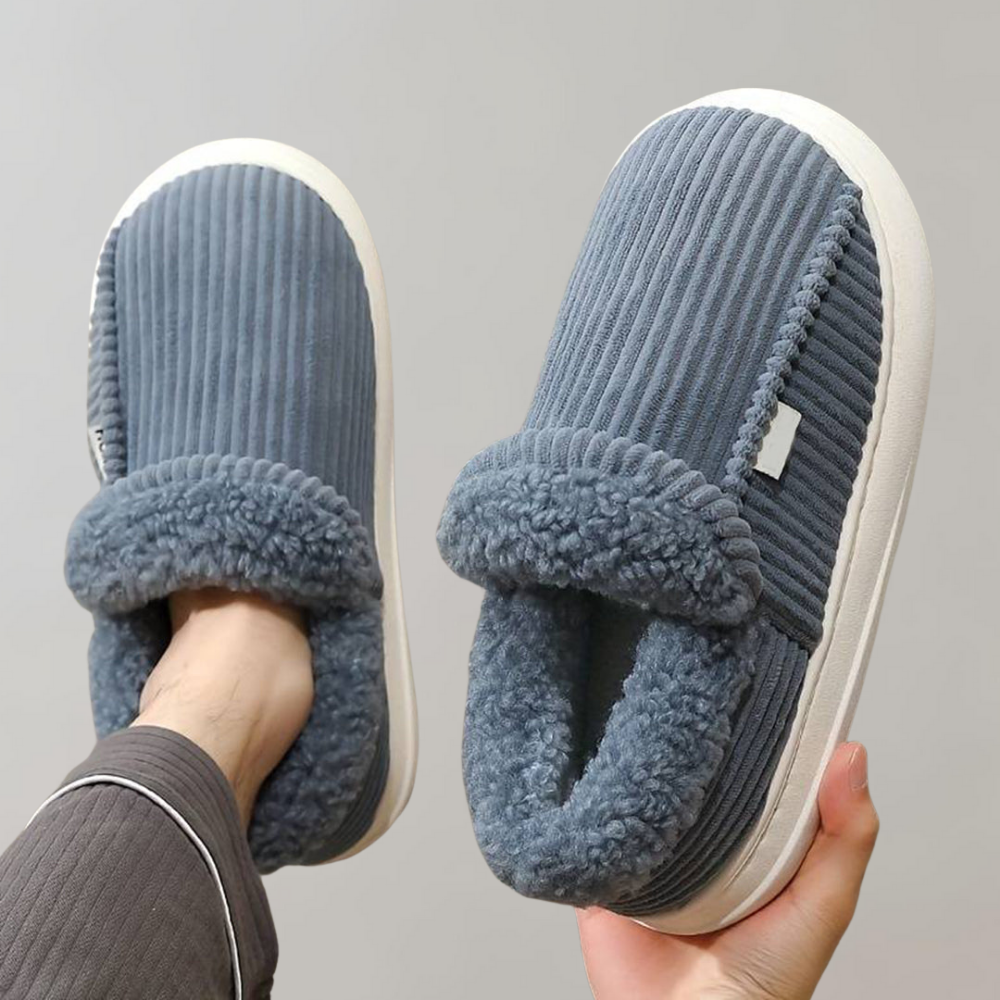 Blaue Damen-Hausschuhe, warm, gerippt, flauschig, gemütlich, Winterpantoffeln, rutschfest.