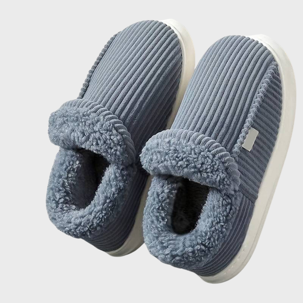 Blaue Damen-Hausschuhe, warm, gerippt, mit Fleece-Futter, rutschfeste Sohle.