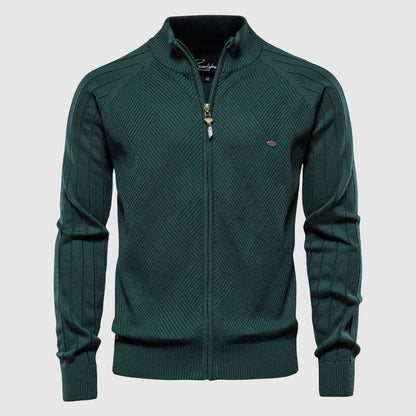 Grüner Herren-Strickpullover mit Reißverschluss, John Wellington, Rippstrick, elegant.