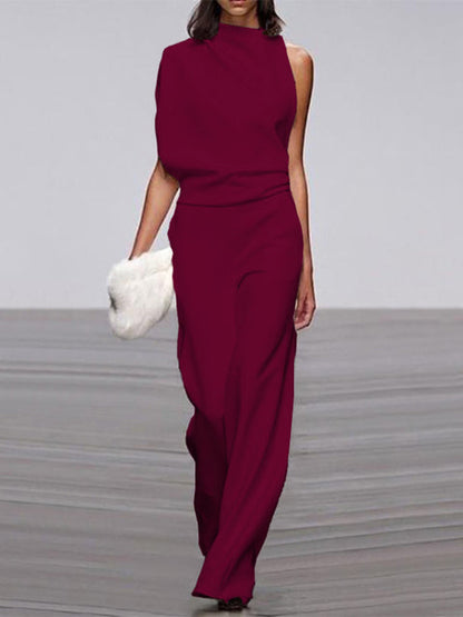 Damen Jumpsuit, ärmellos, weinrot, elegantes Design, Sommermode, Büro, weiter Bein-Schnitt.