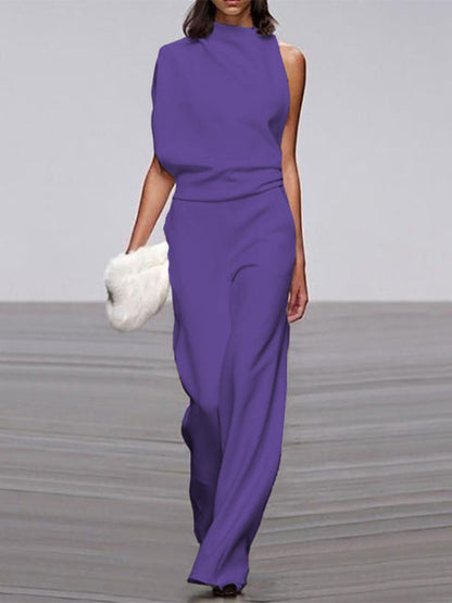 Damen Jumpsuit lila ärmellos, eleganter Einteiler, Sommermode, Büro, weiter Bein-Schnitt.
