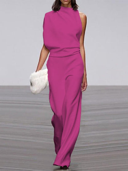 Damen Jumpsuit pink ärmellos, eleganter Sommer-Look, Büro, Mode, weiter Bein-Schnitt.
