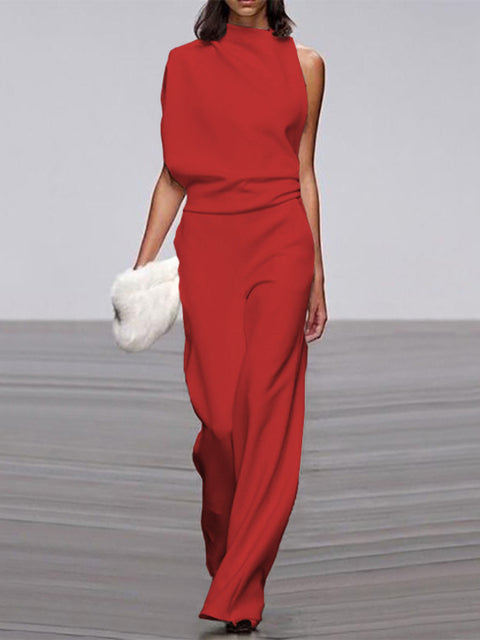 Eleganter roter Damen-Jumpsuit, ärmellos, Rundhals, weite Beine, ideal für Büro und Sommer.