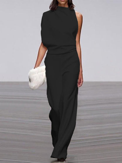 Damen Jumpsuit Schwarz, ärmellos, Rundhals, weite Beine, elegant, Sommermode, Büro-Look.