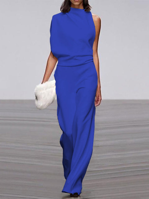 Damen Jumpsuit Blau, ärmellos, Rundhals, weite Beine, elegantes Sommer-Outfit, Büro-Look