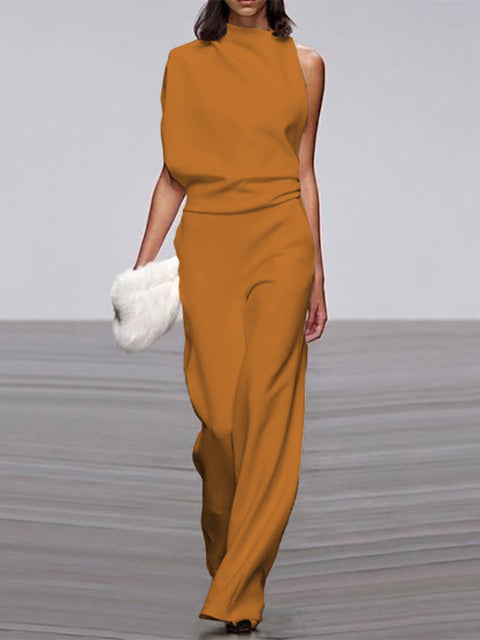 Damen Jumpsuit, ärmellos, Rundhals, weite Beine, elegant, Sommermode, Büro, orange.