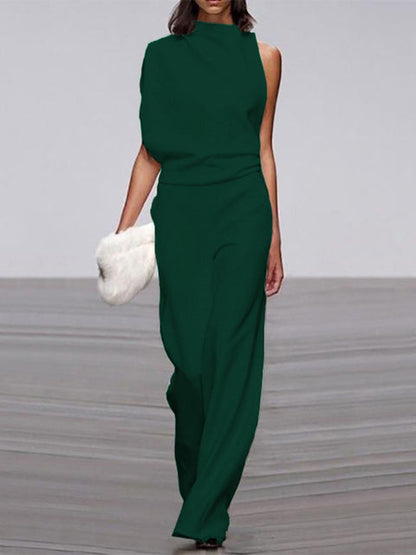 Damen Jumpsuit, ärmellos, Rundhals, grün, eleganter Sommer-Look, Büro, Mode.