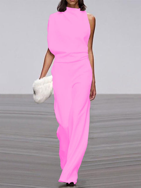 Damen Jumpsuit, ärmellos, Rundhals, pink, eleganter Sommer-Look, Büro, Mode.