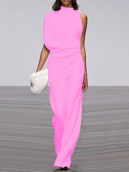 Damen Jumpsuit, ärmellos, Rundhals, pink, eleganter Sommer-Look, Büro, Mode.