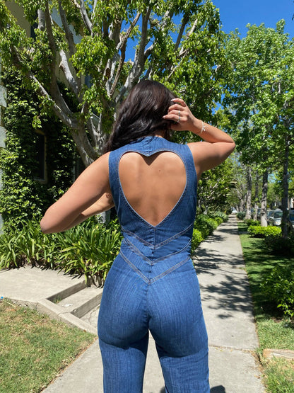 Hjärtformad rygglös jeansjumpsuit för damer – Höstlöv-utgåvan