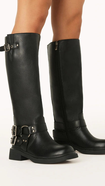 Schwarze Damenstiefel aus Leder mit Schnallen, Reißverschluss, kniehoch, modisch.