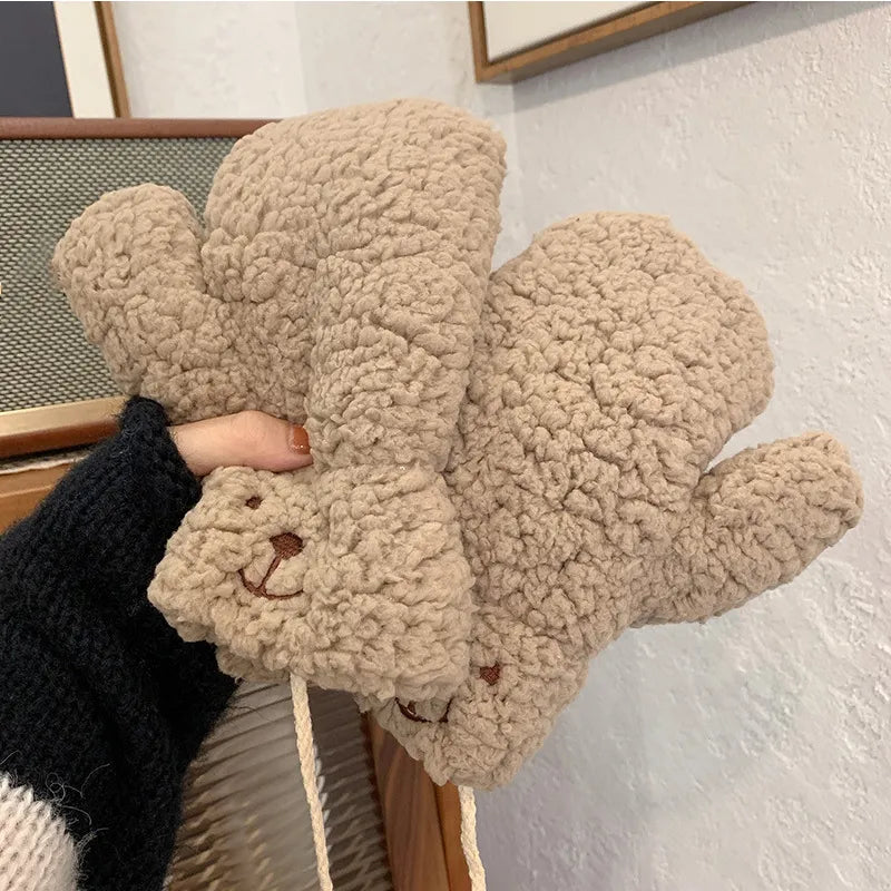 Beige Plüsch-Handschuhe mit Bärengesicht, warm, weich, Winteraccessoire, Damenmode.