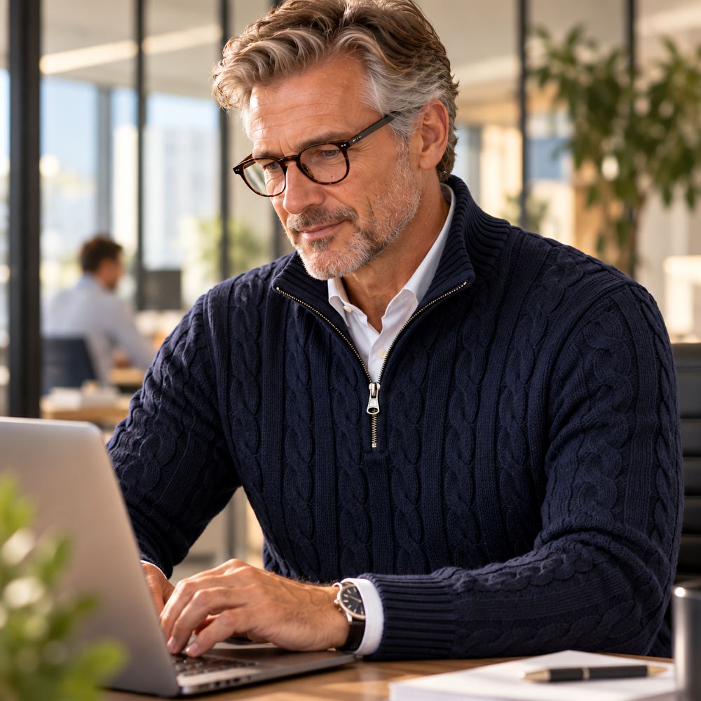 Man med glasögon i marinblå tröja över vit skjorta arbetar vid en laptop på ett kontor. 7