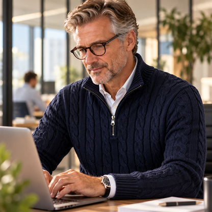 Man med glasögon i marinblå tröja över vit skjorta arbetar vid en laptop på ett kontor. 7