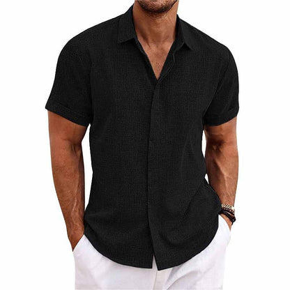 Schwarzes Herrenhemd, kurzärmelig, Baumwolle, lässig, Sommermode, eleganter Stil.